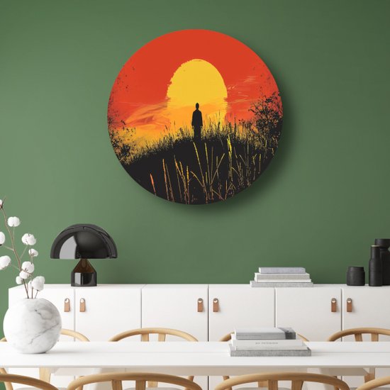 Zonsondergang muurdecoratie rond - Natuur wandcirkel - Schilderij rond Silhouet - Wanddecoratie kinderkamer - Wandbord - Kantoor decoratie muurcirkel forex 70x70 cm