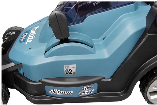 Turquoise deel van de grasmaaier met zwarte hendel voor maaihoogte. 430mm en 36V aanduidingen.