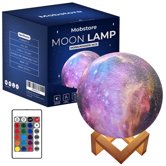 Maanlamp - Maan lamp - Maanlampje - Galaxy Maanlamp Nachtlamp - 15 cm - 3D geprint - 16 kleuren - draadloos - Paars - Tafellamp - Dimbaar - Met afstandsbediening - Verbeterd model - Grote batterij - Mobstore