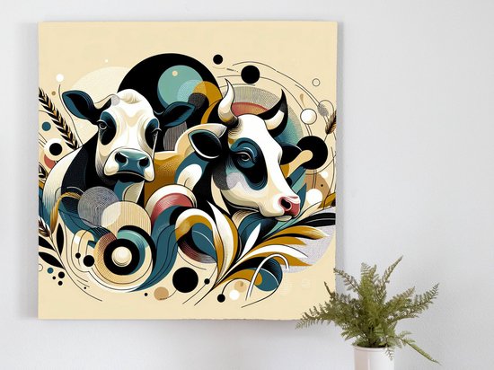 Modern koeien schilderij | Hedendaagse melkweg: een eigentijdse blik op de boerderijcultuur | Kunst - 20x20 centimeter op Dibond | Foto op Dibond