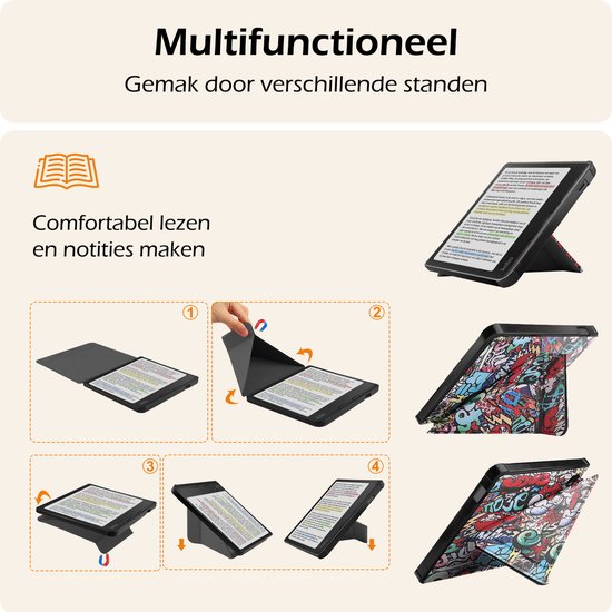 Hoesje Geschikt voor Kobo Libra Colour Hoes Book Case Trifold - Hoes Geschikt voor Kobo Libra Colour Hoesje Book Cover Met Screenprotector - Graffity van Hoesje  — afbeelding 3