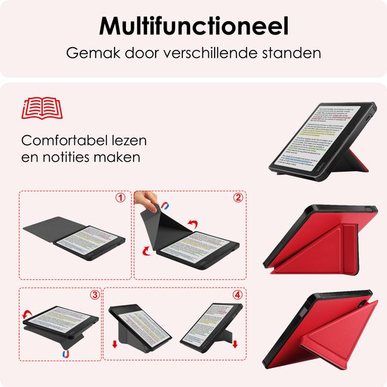 Hoes Geschikt voor Kobo Libra Colour Hoesje Bookcase Cover Book Case Hoes Sleepcover Trifold - Rood van Merkloos — afbeelding 3