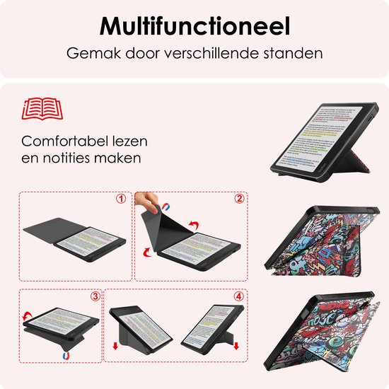Hoes Geschikt voor Kobo Libra Colour Hoesje Bookcase Cover Book Case Hoes Sleepcover Trifold Met Screenprotector - Graffity van Fosco Cases — afbeelding 3