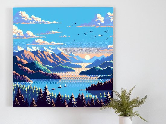 Pixel art landschap schilderij | Minecraft-meesterwerk: een betoverend landschap in digitale pixelpracht | Kunst - 30x30 centimeter op Canvas | Foto op Canvas