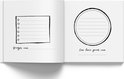 Open boek met twee lege pagina's voor notities. Links een vierkant met 6 cirkels en 'groetjes van'. Rechts een cirkel met lijnen en 'Een lieve groet van'.