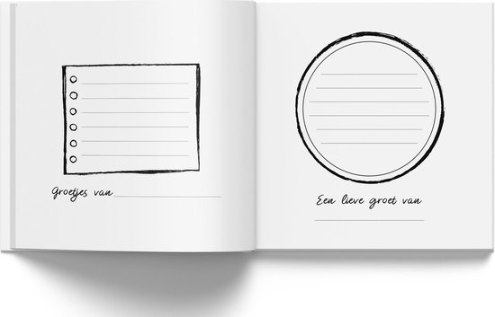 Open boek met twee lege pagina's voor notities. Links een vierkant met 6 cirkels en 'groetjes van'. Rechts een cirkel met lijnen en 'Een lieve groet van'.