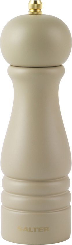 Beige Salter pepermolen met gouden knop, afgebeeld op een witte achtergrond.
