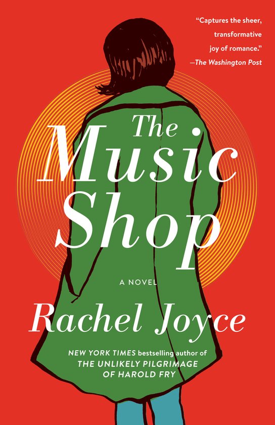 Boek 'The Music Shop' van Rachel Joyce. Groene jas op rode achtergrond.