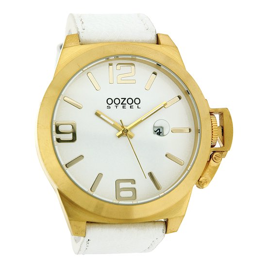 OOZOO Timepieces - Goudkleurige horloge met witte leren band - OS107