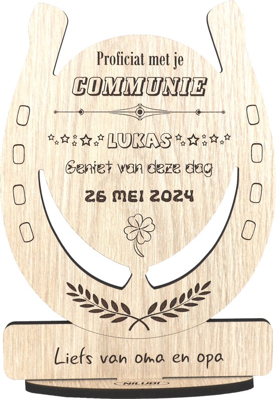 Ballon Communie - houten wenskaart - kaart van hout - gepersonaliseerde kaart met eigen namen en datum - 17.5 x 25 cm