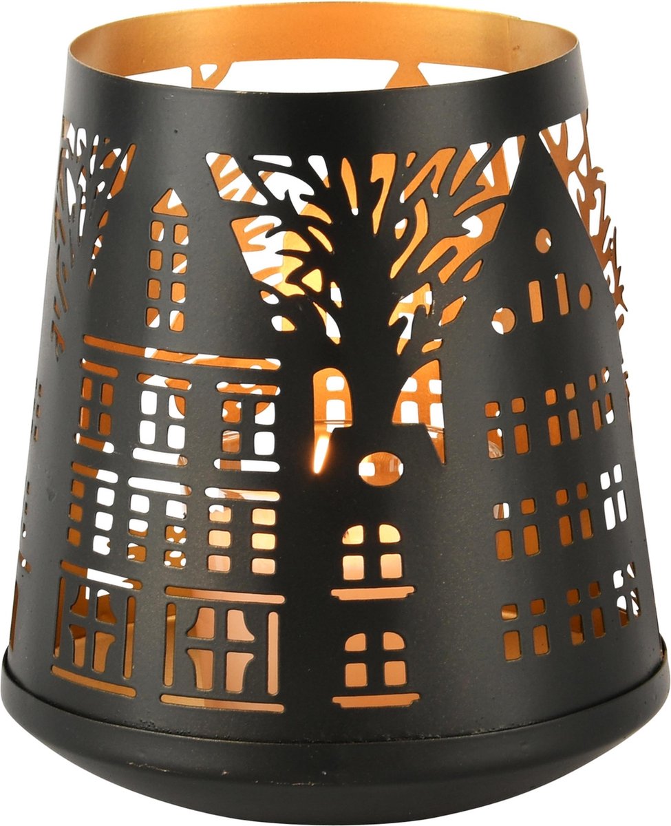 dekoratief Theelichthouder 'Dark Street', zwart/goud, metaal, 16x11x17cm | A248207