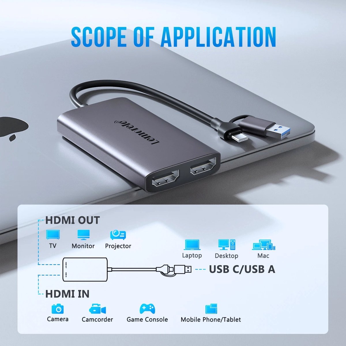 Lemorele AC02 – Video Capture Card – 4K@30Hz HDMI Loop-Out – USB-A & USB-C – Game Capture Recorder – Voor OBS/Streaming – Windows 7+/Mac/Linux/Android – Aluminium Behuizing – Donkergrijs thumbnail 3