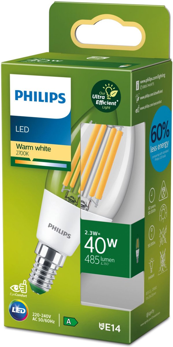 Philips Ultra Efficient LED kaarslamp Transparant - 40 W - E14 - Warmwit licht