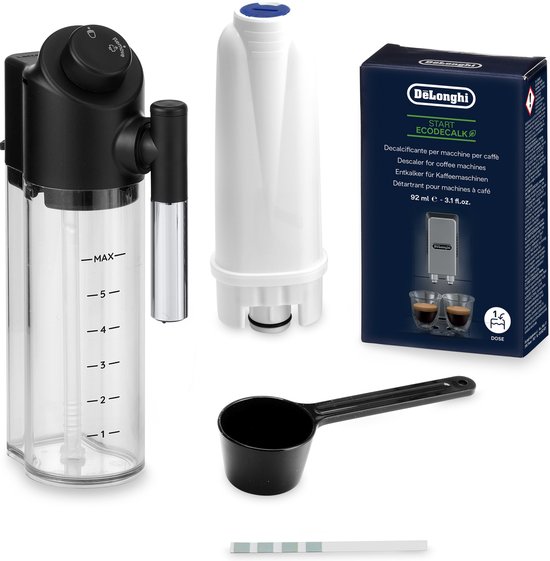 Een DeLonghi Ecodecalk ontkalkerkit met fles, filter, schepje, teststrip en doosje.