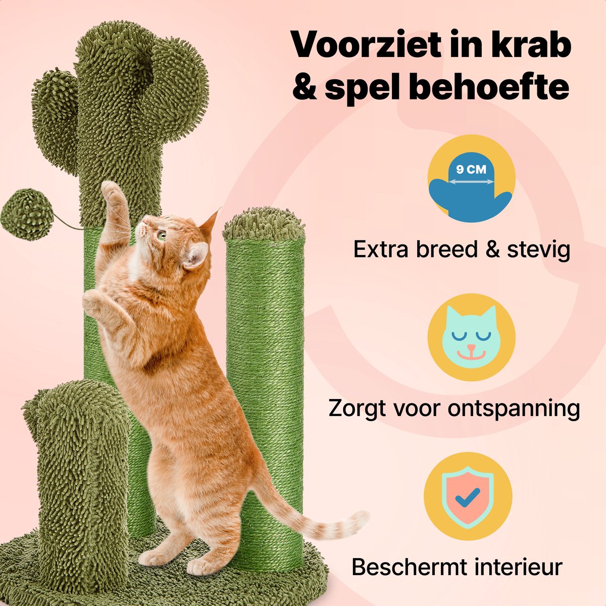 Jake and Jacky Krabpaal voor Katten Cactus Groen - Krabmeubel - met Kattenspeeltje - H 70, 48 en 22 cm – foto 7