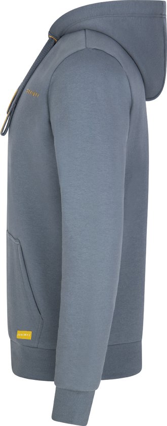 Zijaanzicht van een blauwe hoodie met gele voering en "DENIMFY" logo.