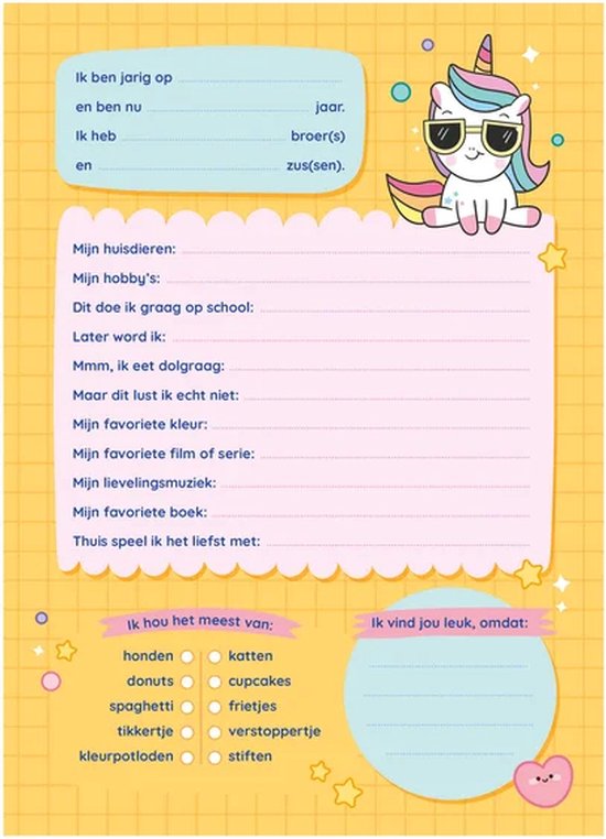 Pagina met invulvelden en een kawaii-eenhoorn met zonnebril.
