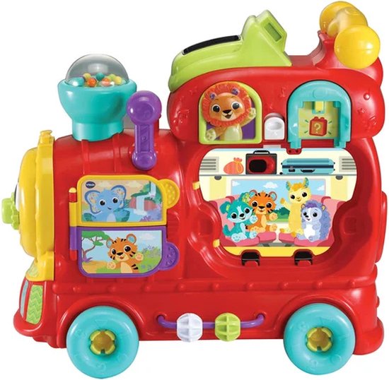 Gedetailleerde rode VTech trein met raampjes met dierenillustraties, met ballenbak bovenop.