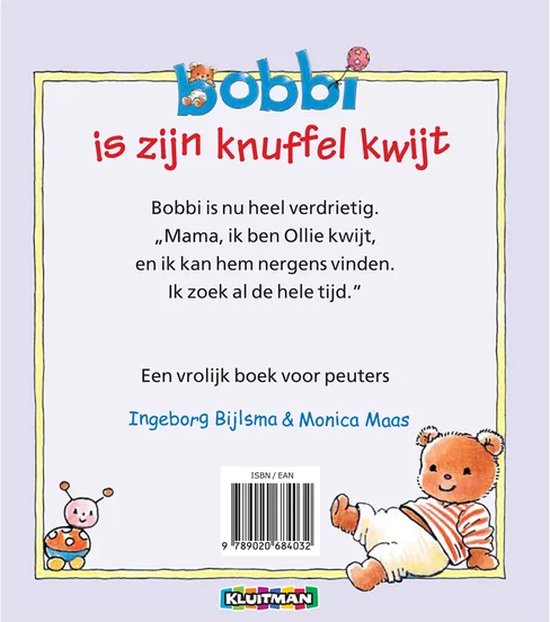Achterkant kinderboek "Bobbi is zijn knuffel kwijt" met tekst en illustraties van een beer en een lieveheersbeestje.