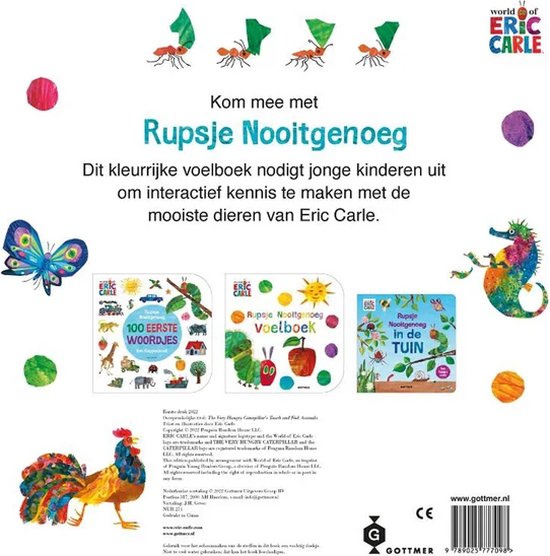 De achterkant van een Eric Carle 'Rupsje Nooitgenoeg' boek met illustraties van mieren, een vlinder, een zeepaardje, een haan en verschillende dieren.
