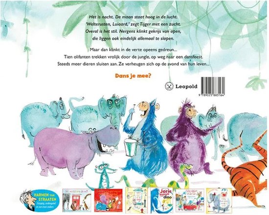Achterkant van een kinderboek met illustraties van verschillende dieren, waaronder olifanten, een nijlpaard, apen, krokodillen en een tijger. Tekst in het Nederlands.