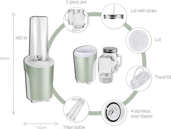 Blender Smoothie Bereider - Kunststof Roestvrij Staal Glas 600 ml Mintgroen - 450 W van Blender — afbeelding 3