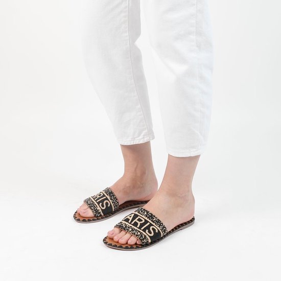 Manfield Dames Zwarte slippers met kralen Maat 36 bol