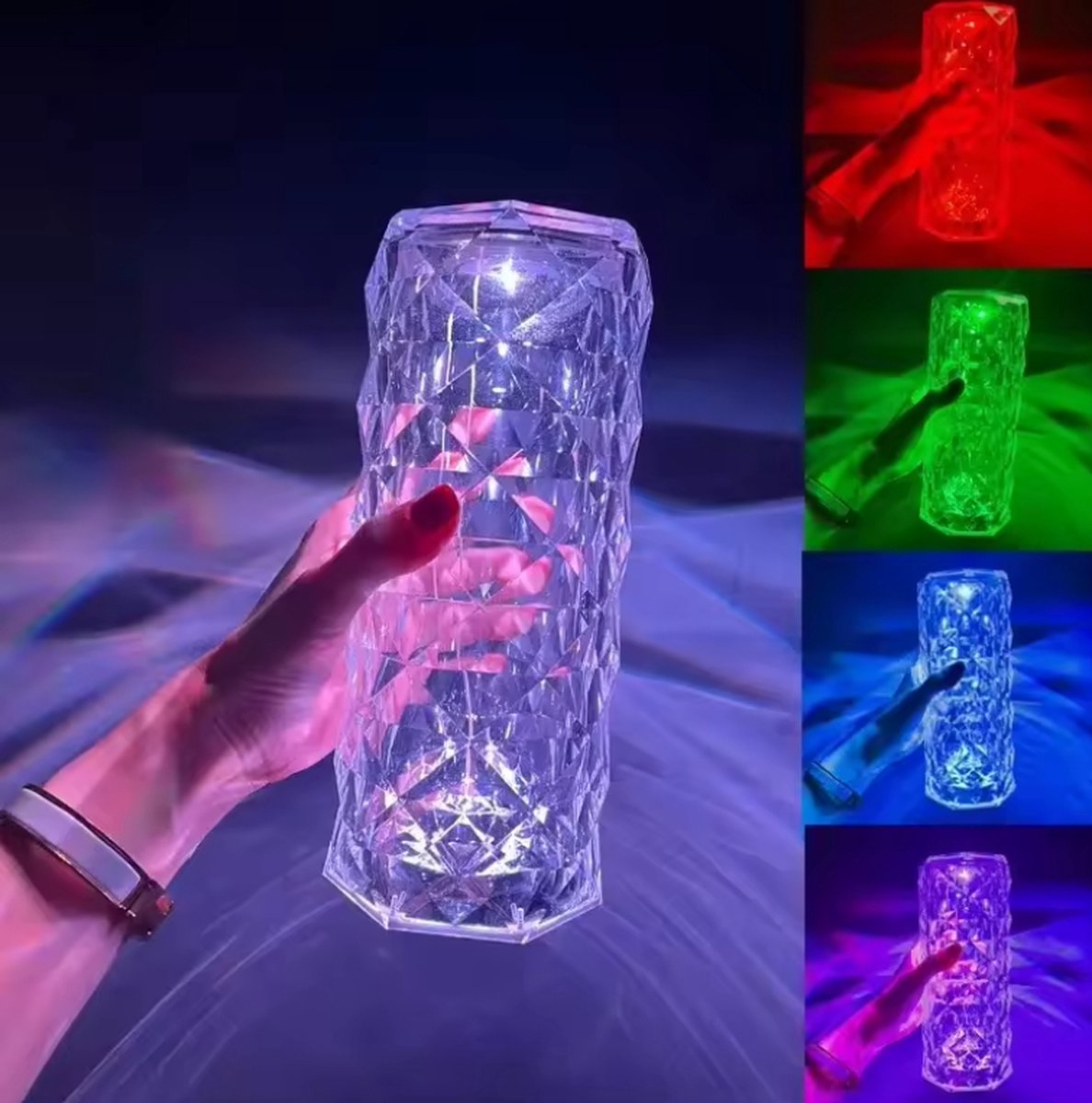 Oplaadbare Tafellamp RGB - Kristal - 3 Lichtsterktes - Incl USB C kabel - Incl Afstandsbediening - 21 CM Hoog - Nachtlamp/Campinglamp/Werklamp