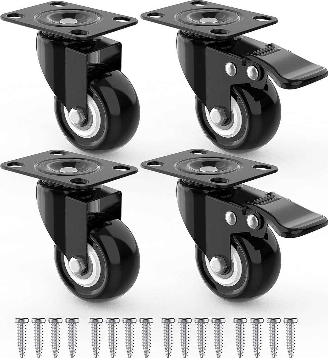 Zwenkwielen 50mm met Schroeven - Meubelzwenkwielen van Zwaar Rubber - Meubels Wielen Karretje Transport Karretje (2 met rem - 2 zonder rem)