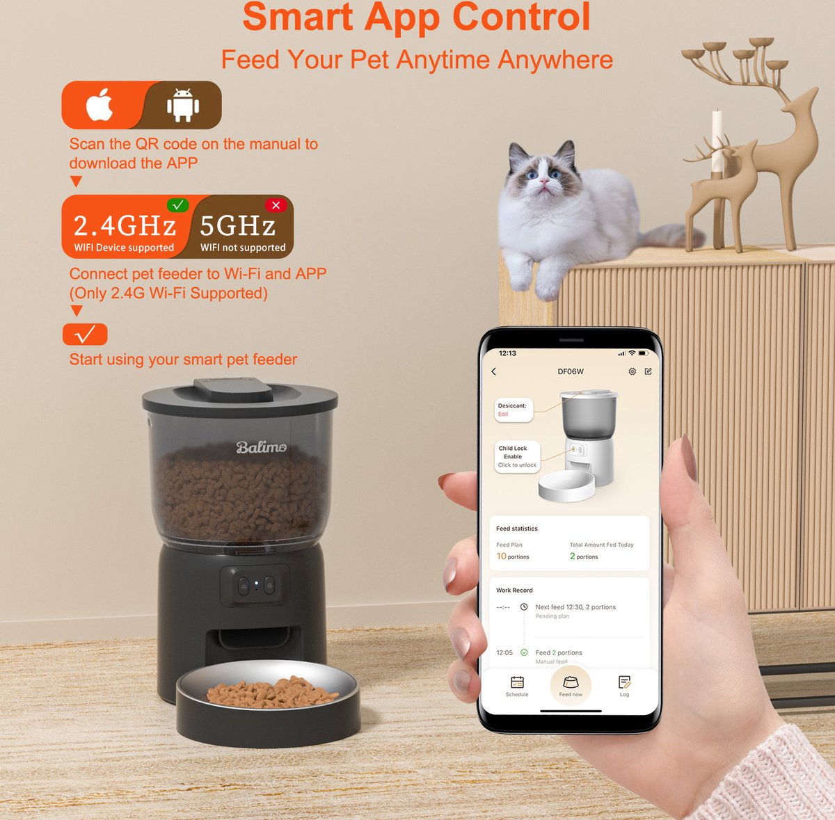 Afbeelding 2 van Balimo Automatische Voerbak Zwart - Kat en Hond - Voerautomaat Met App - Voerbak hond - Smartphone Besturing - Voerinhoud 3 Liter - Voor Katten- en Hondenvoer - Droogvoer - WiFi - Automatische voerbak kat - Automatische voerbak