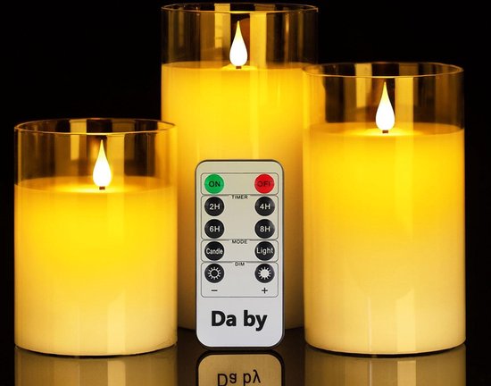 Eldnacele Grijzen glazen vlamloze flikkerende kaarsen met afstandsbediening, bewegende lont, werkt op batterijen, warme lichtkaars LED met timer, set van 3 (dikte 7,5 cm x hoogte 10/12/15 cm), voor