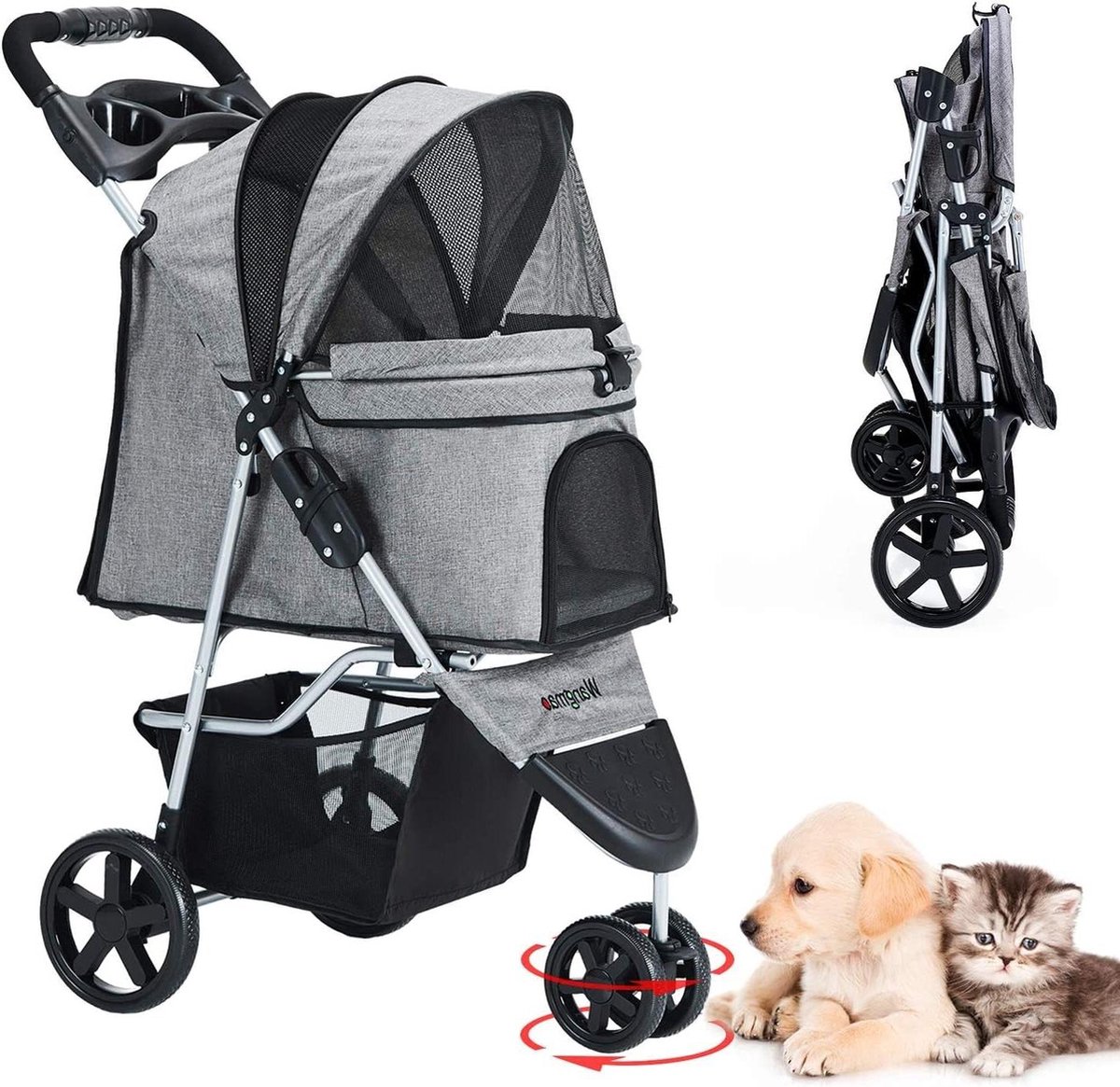 Hondenbuggy 15 kg inklapbaar - Nastarki hondenwagen met opbergmand - grijs - Hondenbuggy