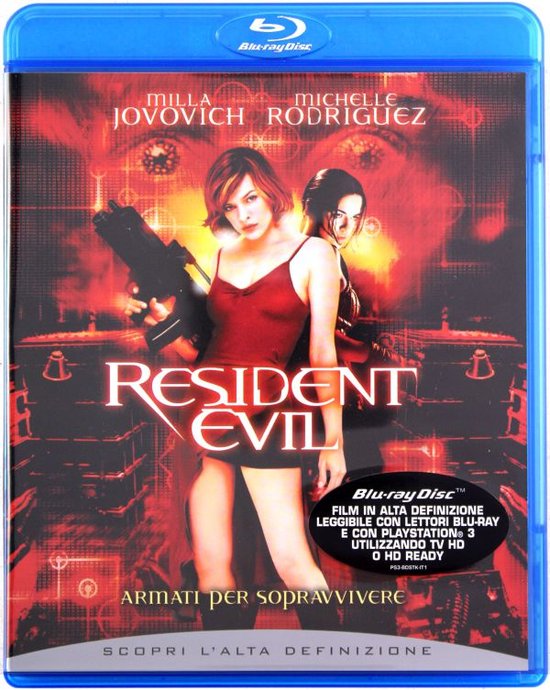 Milla Jovovich en Michelle Rodriguez op de cover van de Resident Evil Blu-ray, met een pistool.