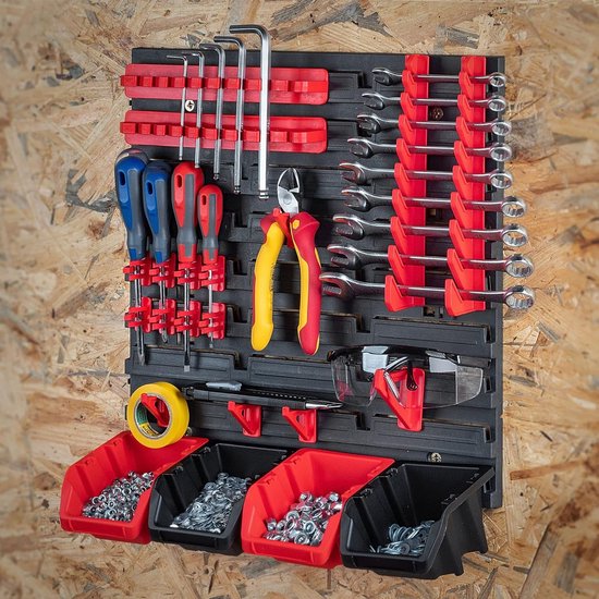 54-delige gereedschapswandset, 1152 x 780 mm, werkplaatswand, gatenwand, stapelboxen met transparante deksels voor werkplaats, garage, opslagsysteem, werkplaatsinrichting, kunststof
