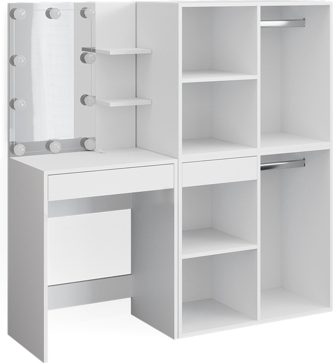 Vicco Kaptafel met licht Isabelle, Wit, 140 cm met spiegel, LED-lichtslinger en 2 aanbouwkasten