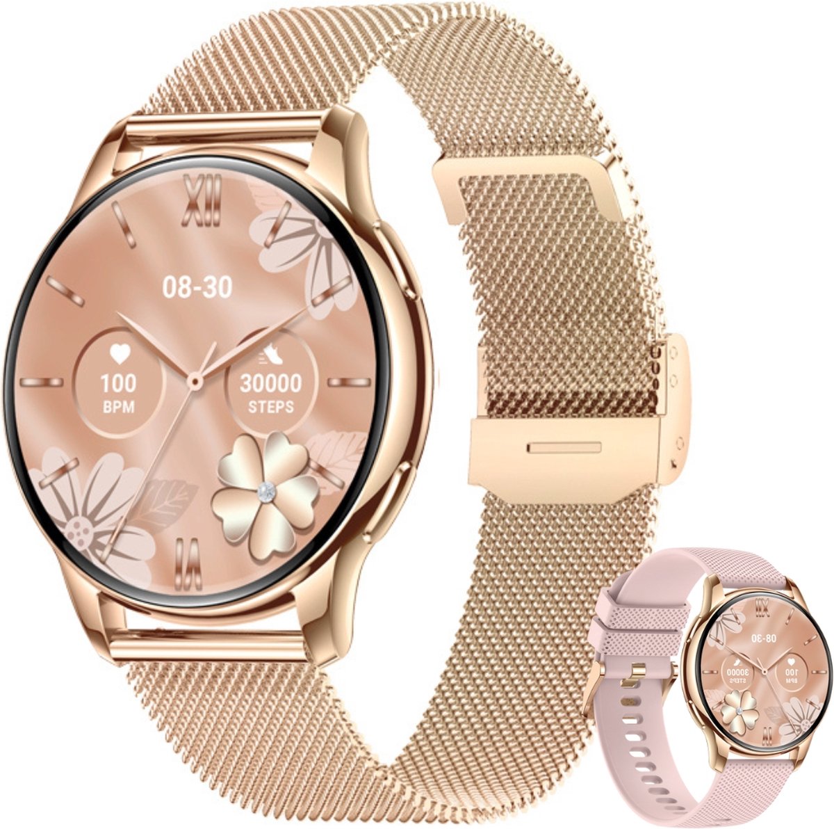 Xelar® AMOLED Smartwatch Dames - RVS + Siliconen bandje - Stappenteller - Hartslagmeter - Saturatiemeter - Bellen - Slaapmonitor - Multisport - Geschikt voor iOS & Android - Goud en Roze