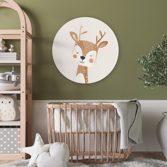 WallCircle® Wandcirkel 60x60 cm - Muurcirkel Hert - Bosdieren - Beige - Kinderkamer - Babykamer - Kinderen - Muurdecoratie woonkamer - Wanddecoratie slaapkamer - Kamer decoratie accessoires - Ronde schilderijen - Woonaccessoires