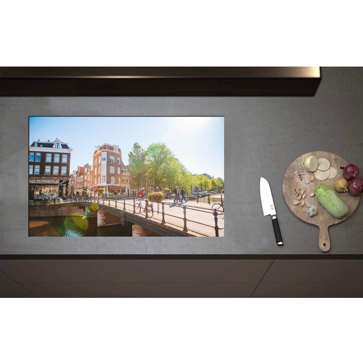 Inductieplaat Beschermer - Bruggen in de Nederlandse Hoofdstad, Amsterdam - 80x50 cm - 2 mm Dik - Inductie Beschermer - Bescherming Inductiekookplaat - Kookplaat Beschermer van Zwart Vinyl