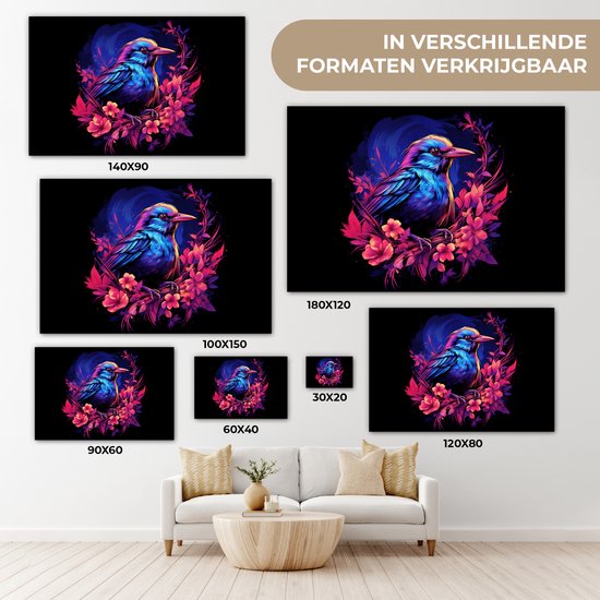 Peinture sur toile Rétro - Vogel - Fleurs - Zwart - Rose - Blauw - Animaux - 90x60 cm - Décoration murale