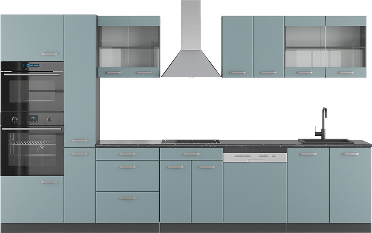 Vicco R-Line Complete keukeneenheid – 350 cm met hoge kast, zonder werkblad Blauw-grijs/antraciet