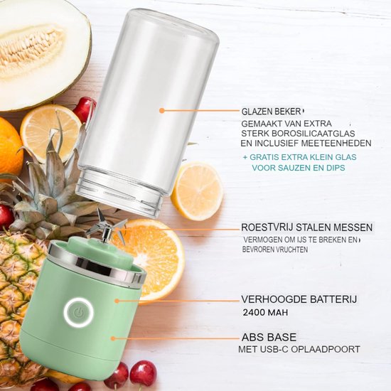 Glazen Draagbare Blender, 500 Ml, Lekvrij Deksel En Schenktuit Krachtige Snoerloze Miniblender Oplaadbaar Smoothies Proteineshakes Mengt Ijs En Bevroren Fruit Wit