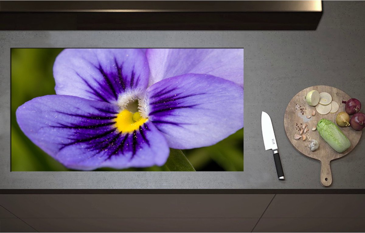 Inductieplaat Beschermer - Close Up van Paars Viooltje met Fel Geel Midden - Bloemen - 95x51 cm - 2 mm Dik - Inductie Beschermer - Bescherming Inductiekookplaat - Kookplaat Beschermer van Wit Vinyl