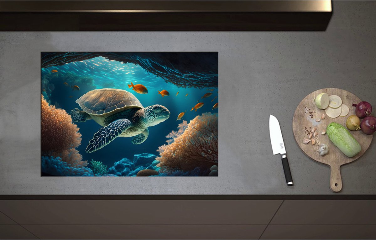 Inductieplaat Beschermer - Cartoon van Zeeschildpad Zwemmend in Grotten op Zeebodem - 71x50 cm - 2 mm Dik - Inductie Beschermer - Bescherming Inductiekookplaat - Kookplaat Beschermer van Zwart Vinyl