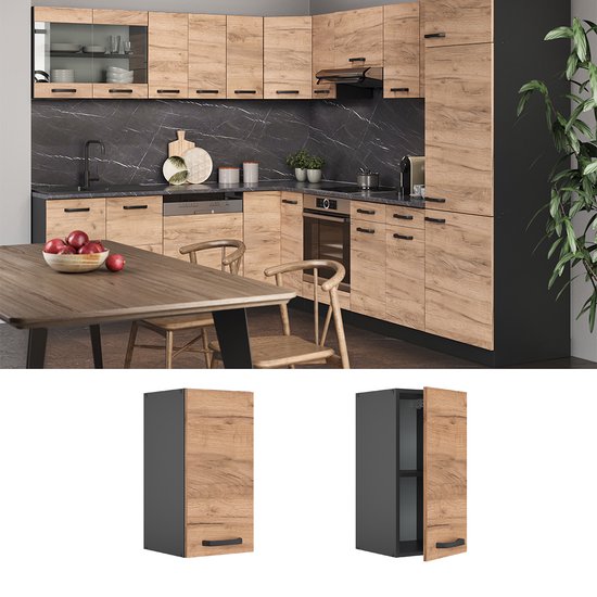 Configuration de cuisine Vicco R-Line en chêne doré puissant avec anthracite. Inclut un meuble mural.