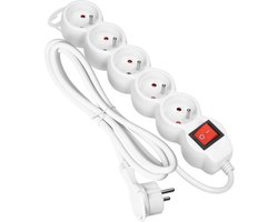 Stekkerdoos - Verlengsnoer -Verlengkabel - Met randaarde - 5 stopcontacten - 5 x 2P+E met schakelaar - 1.5 meter H05VV-F 1x1,5mm2, Imax=16A, Wit- max 3680 watt- VOOR België