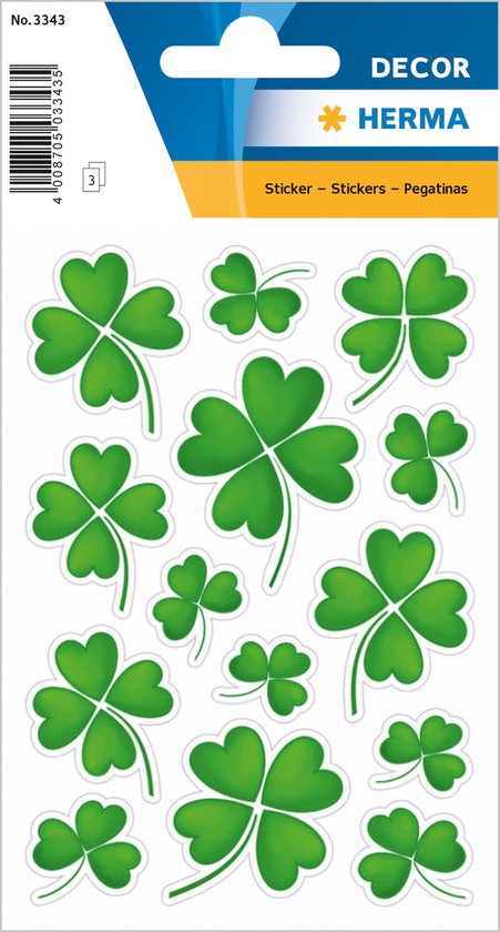 Verpakking met groene klavertjes vier stickers. HERMA DECOR.