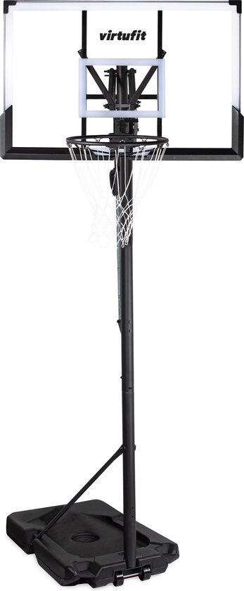 Verstelbare basketbalpaal met transparant bord, zwarte paal en basis, met VirtuFit logo.