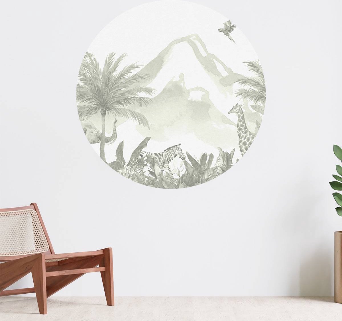 Muurcirkel zelfklevend behang - Jungle dieren in groen - Wanddecoratie - 140cm behangcirke