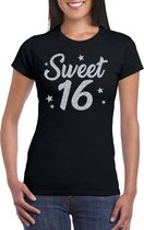 Sweet 16 zilver glitter cadeau t-shirt zwart dames - dames shirt 16 jaar - verjaardag kleding / outfit M