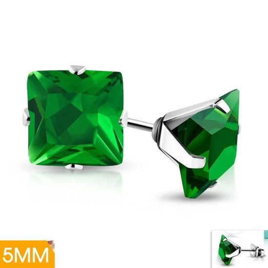 Aramat jewels ® - Vierkante oorbellen zweerknopjes groen zirkonia staal 5mm